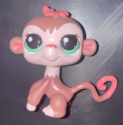 LPS Littlest Pet Shop Toy 2007 Girl Monkey 2469 Brown Pink Bow Green Eyes Hasbro